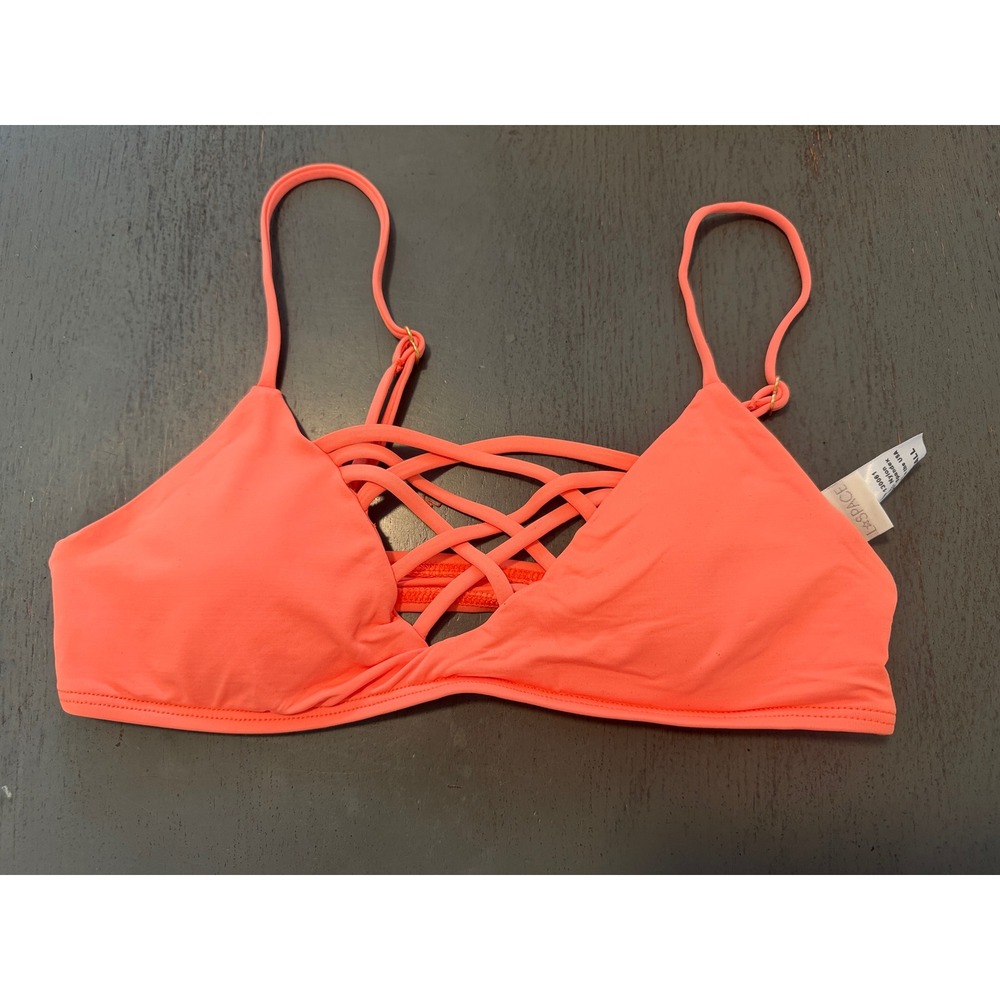 L Space Wild Side Bikini Top Coral Orange Strappy Lattice Bralette Small NWOT